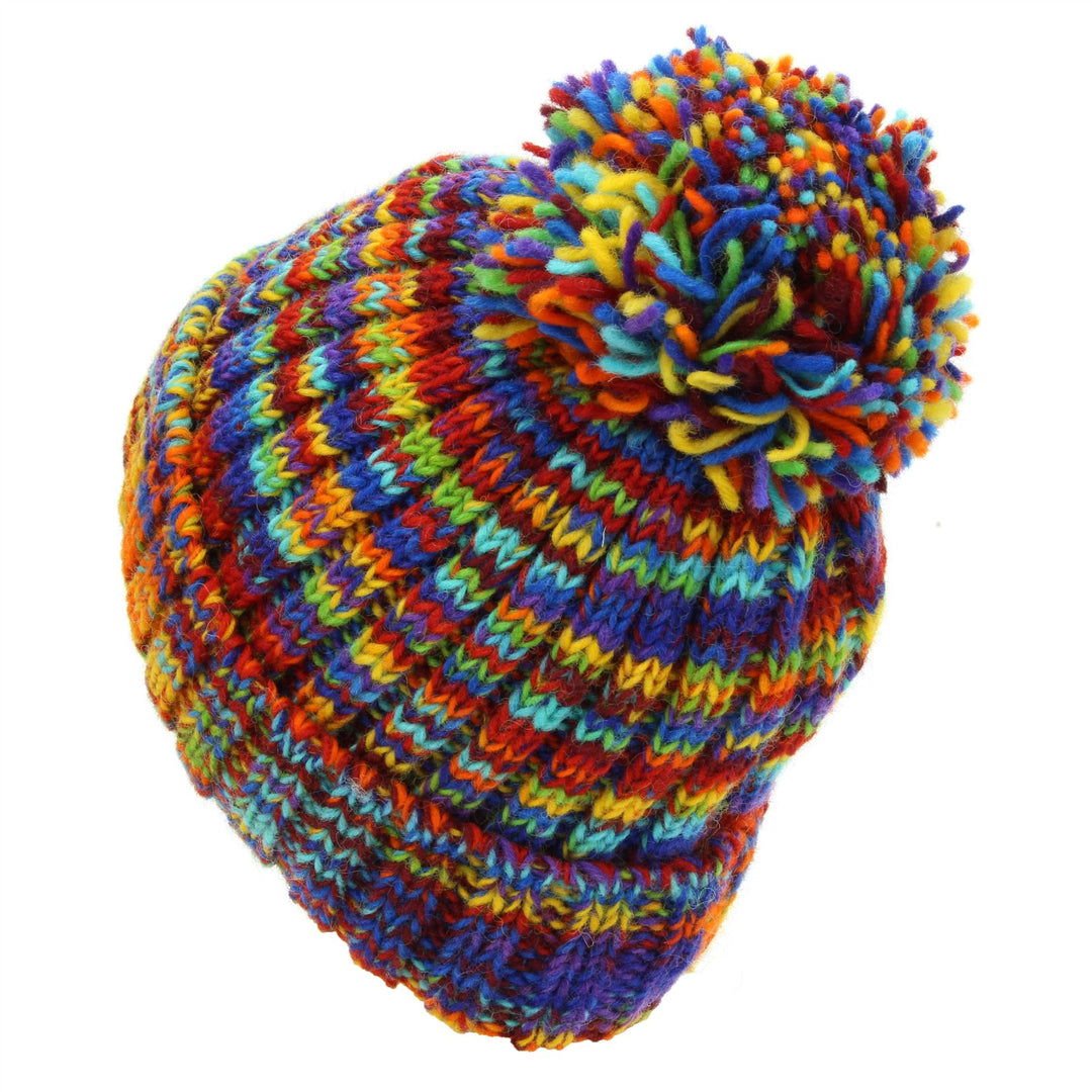 Hand Knitted Wool Beanie Bobble Hat - SD Rainbow 1