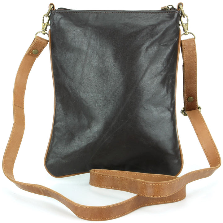 Real Leather Cross Body Messenger Shoulder Bag - Black