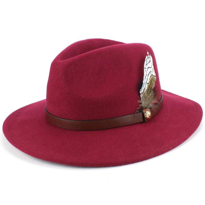 Wool Felt Fedora with Feather - Wine