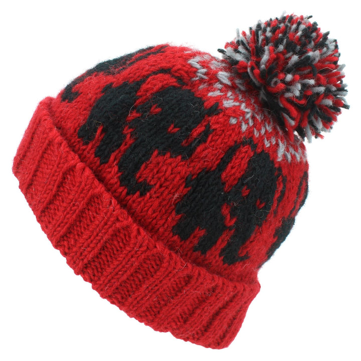 Wool Knit Bobble Beanie Hat - Elephant - Red Grey