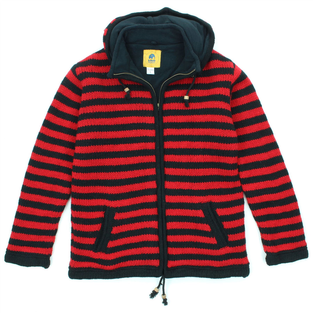 Hand Knitted Wool Hooded Jacket Cardigan - Stripe Red Black