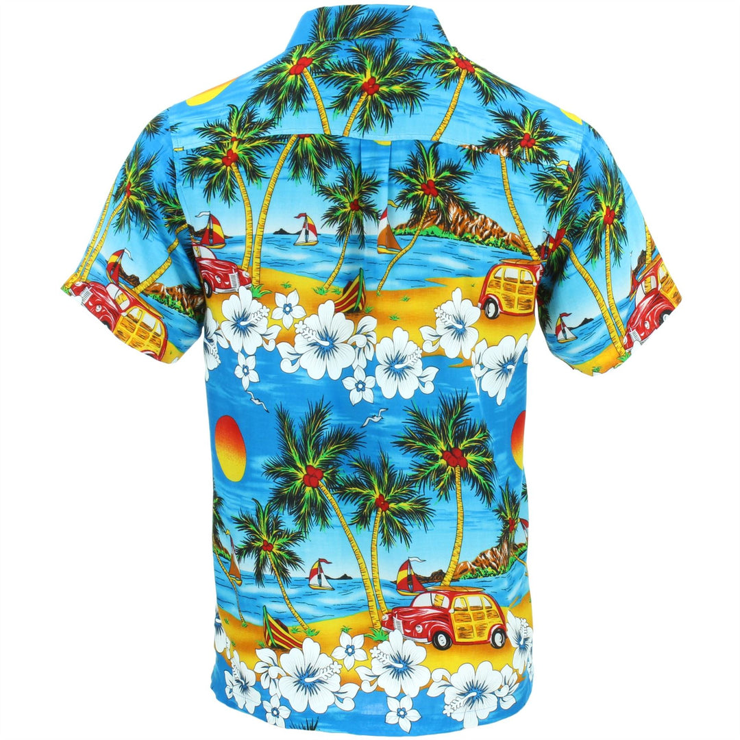 Short Sleeve Hawaiian Shirt - Sunset Camper - Blue