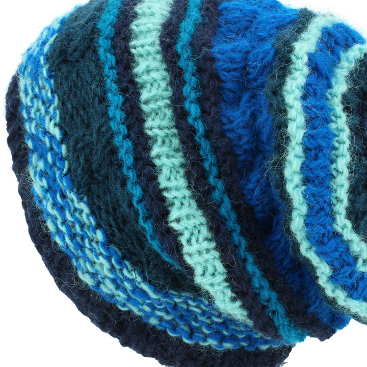 Wool Knit Beanie Hat - Stripe Blue