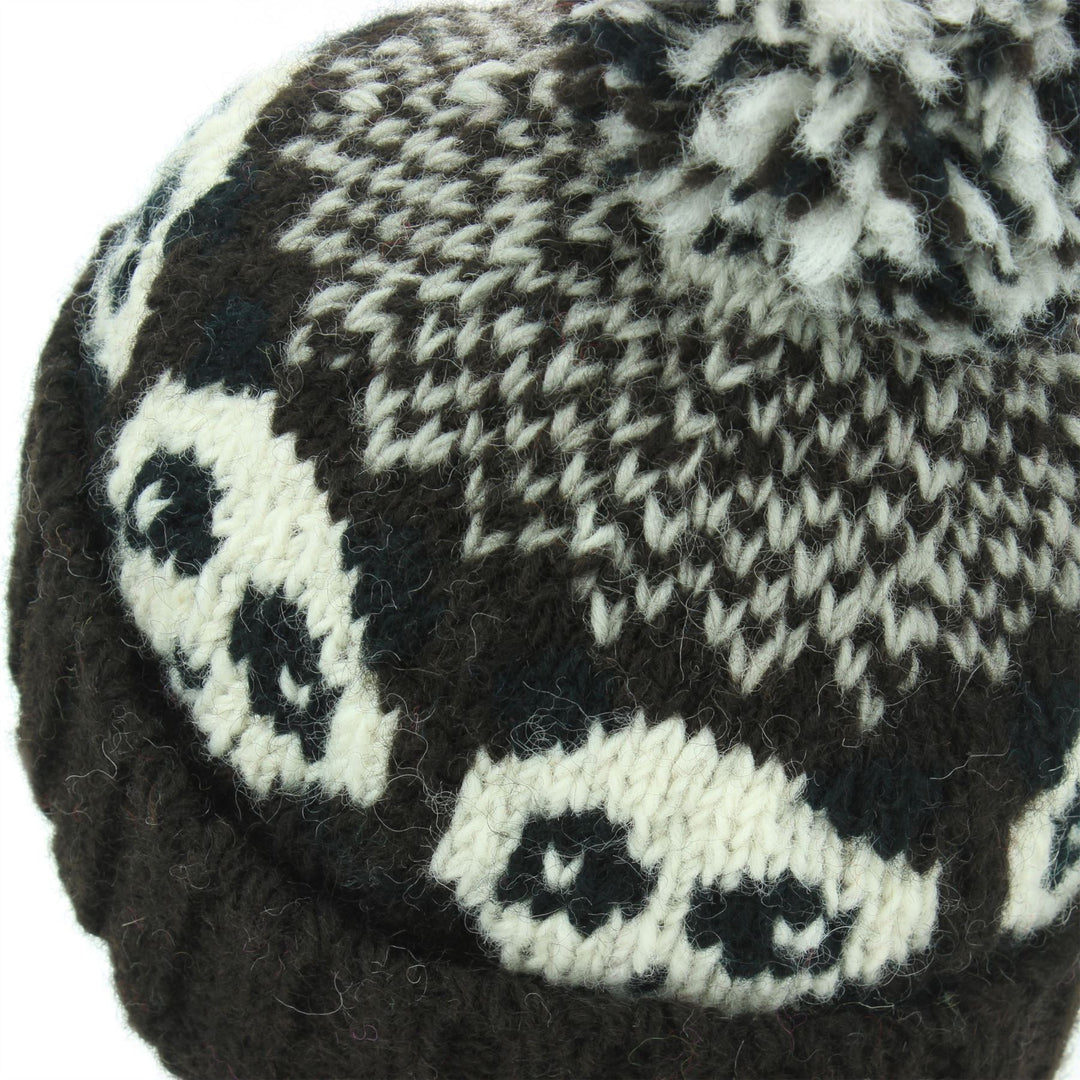 Wool Knit Bobble Beanie Hat - Panda - Brown Grey