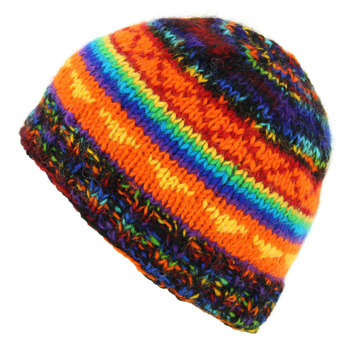 Hand Knitted Wool Beanie Hat - SD Black Rainbow Orange