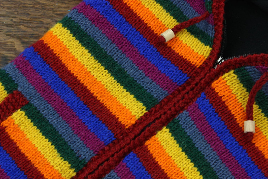 Hand Knitted Wool Hooded Jacket Cardigan - Stripe Rainbow Red Knit Trim