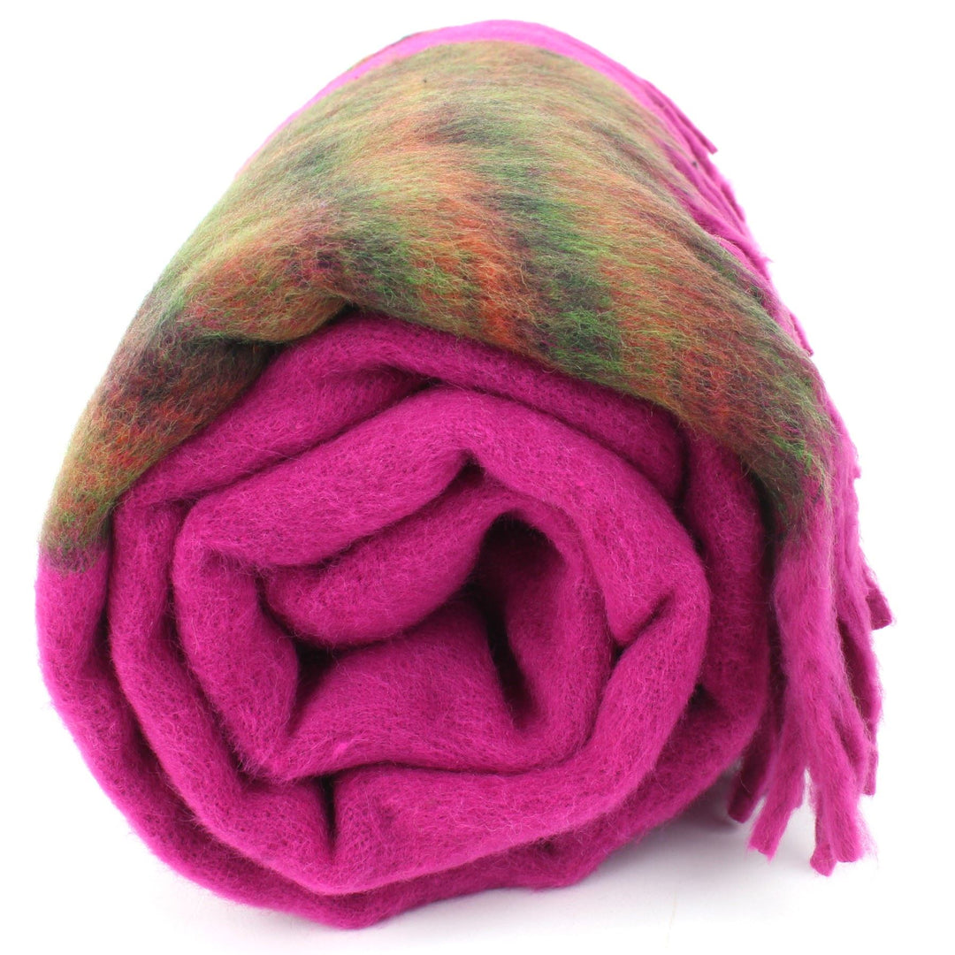 Tibetan Wool Blend Shawl Blanket - Pink with Green & Red Reverse