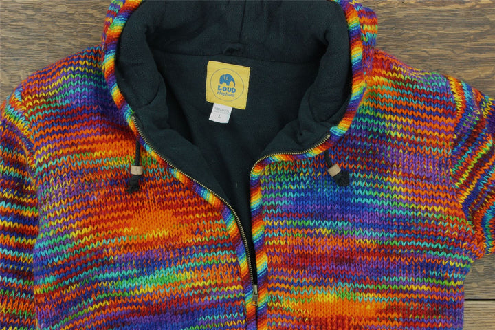 Hand Knitted Wool Hooded Jacket Cardigan - SD Rainbow with Rainbow Trim