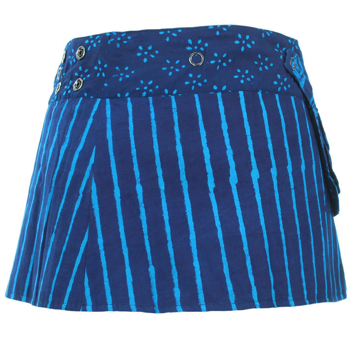 Reversible Popper Wrap Children's Size Mini Skirt - Indigo Patch Strips / Indigo Stripe