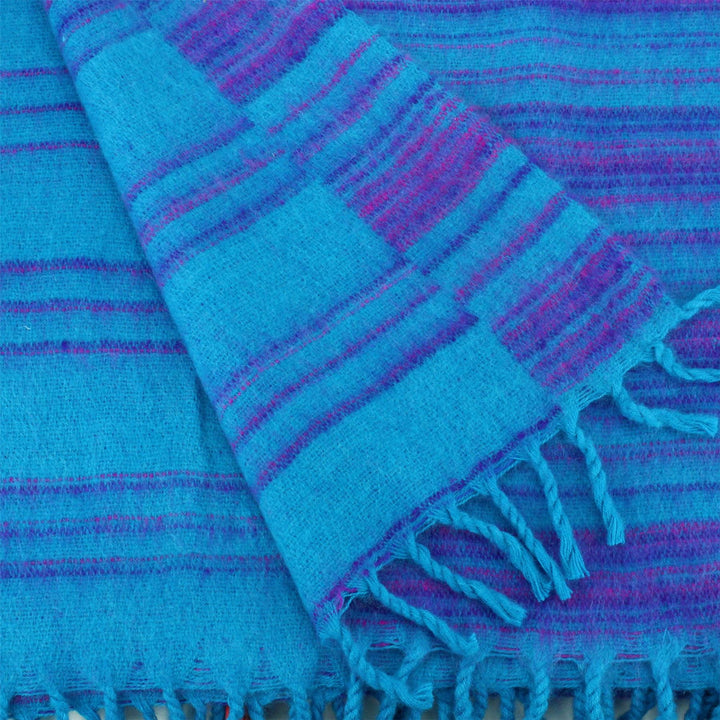 Vegan Wool Shawl Blanket - Stripe - Turquoise Purple