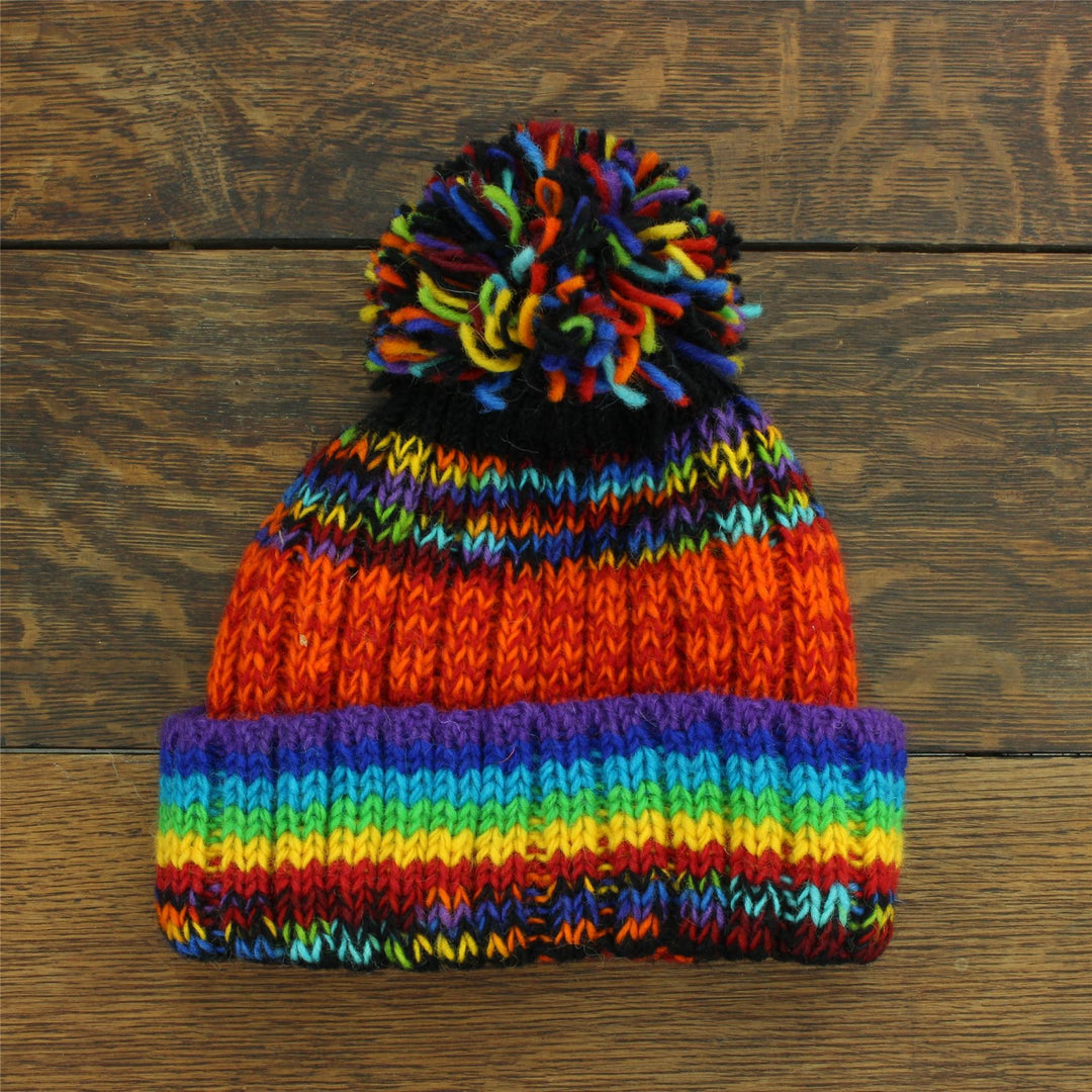 Hand Knitted Wool Beanie Bobble Hat - SD Black Rainbow Orange