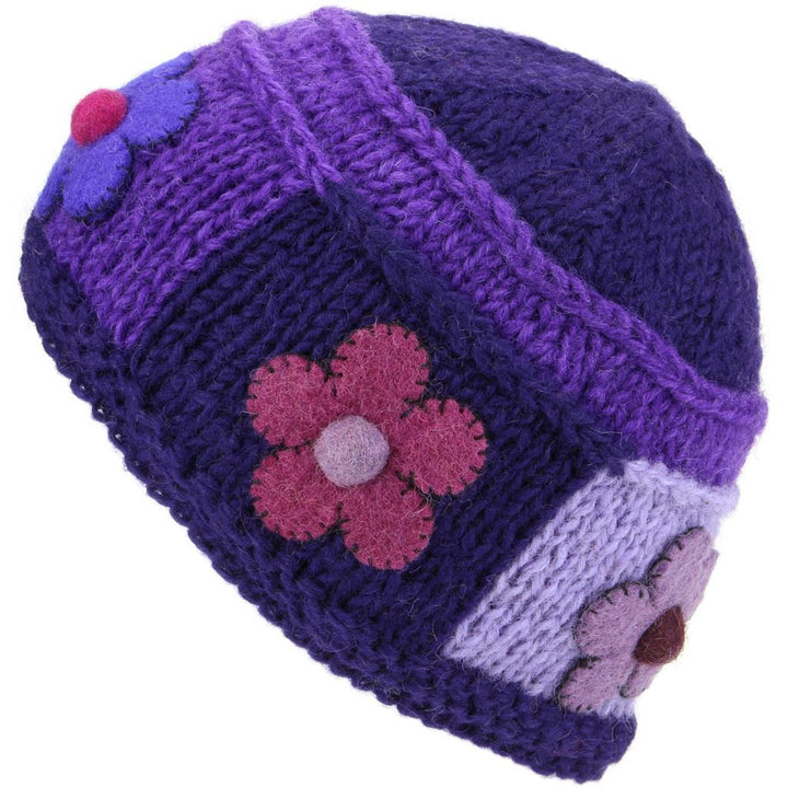 Ladies Wool Knit Beanie Hat with Flower Patch Design - Purple