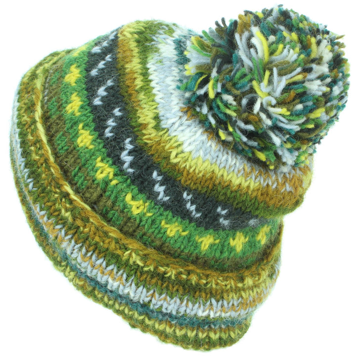 Chunky Wool Knit Abstract Pattern Beanie Bobble Hat - 17 Green