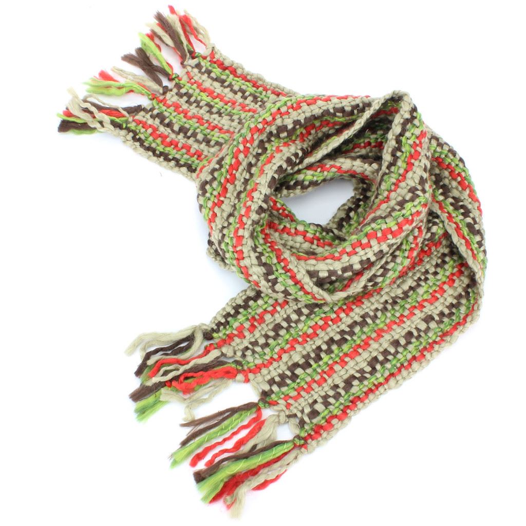 Long Chunky Knit Acrylic Scarf - Beige, Red & Green