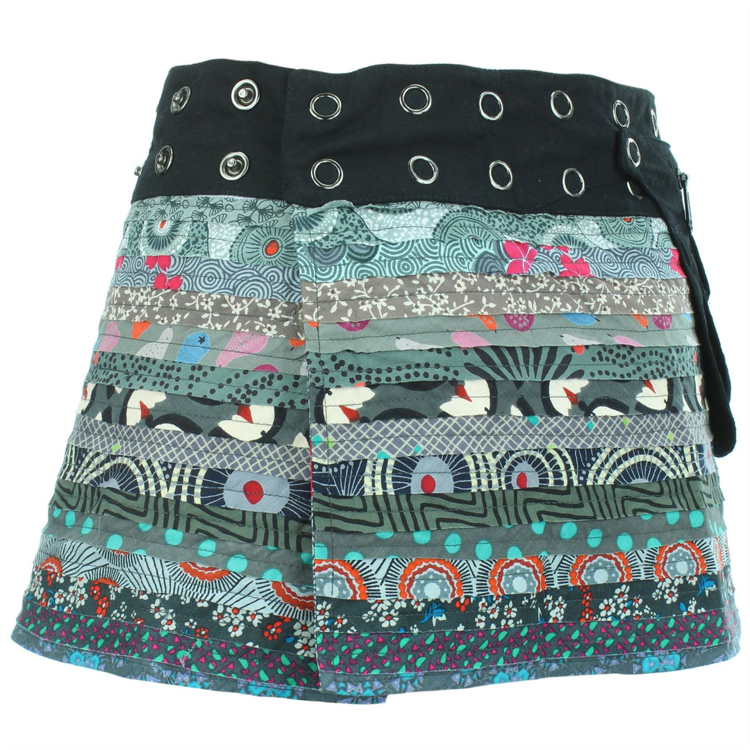 Reversible Popper Wrap Children's Size Mini Skirt - Grey Patch Strips / Spiral Garden