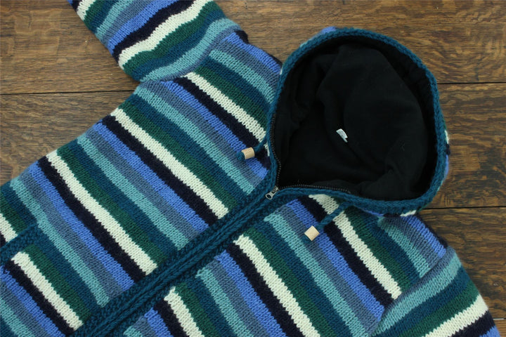 Hand Knitted Wool Hooded Jacket Cardigan - Stripe Blue