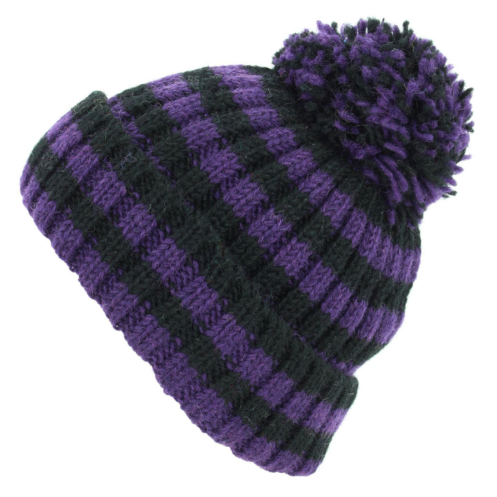 Hand Knitted Wool Beanie Bobble Hat - Stripe Purple Black