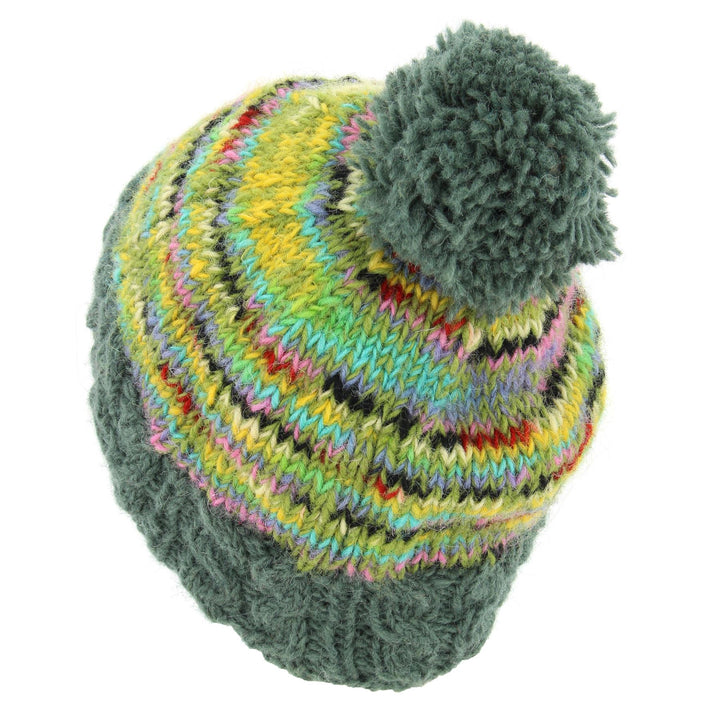 Hand Knitted Wool Beanie Bobble Hat - Grey Green