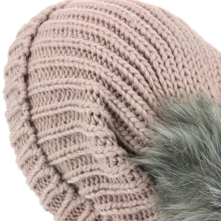 Chunky Knit Beanie Hat with Faux Fur Bobble - Pink