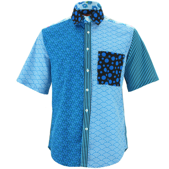 Regular Fit Short Sleeve Shirt - Random Mixed Panel - Blues