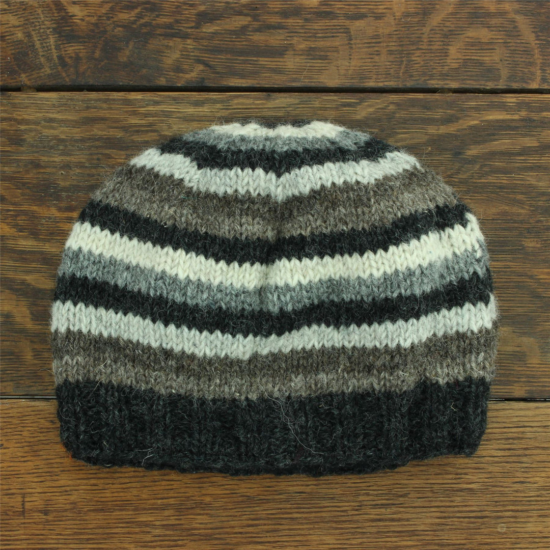 Hand Knitted Wool Beanie Hat - Stripe Natural