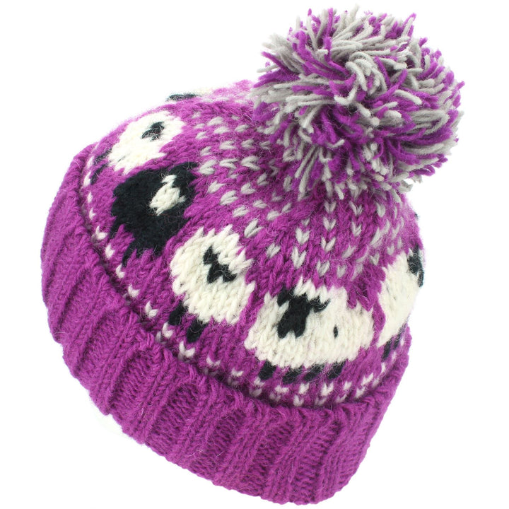 Wool Knit Bobble Beanie Hat - Sheep - Pink White