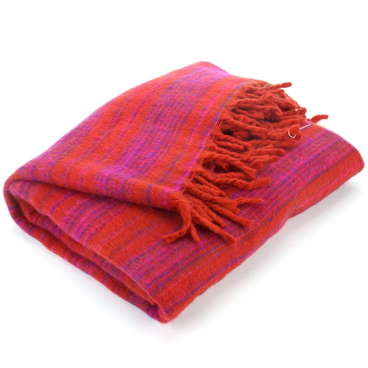 Vegan Wool Shawl Blanket - Stripe - Red Pink