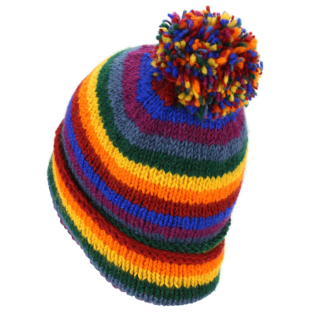 Chunky Wool Knit Beanie Bobble Hat - Stripe Rainbow