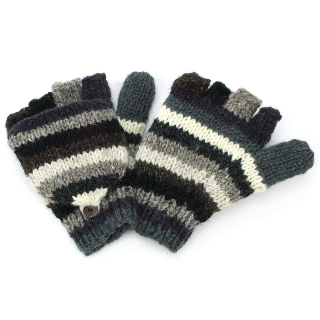 Hand Knitted Wool Shooter Gloves - Stripe Greys