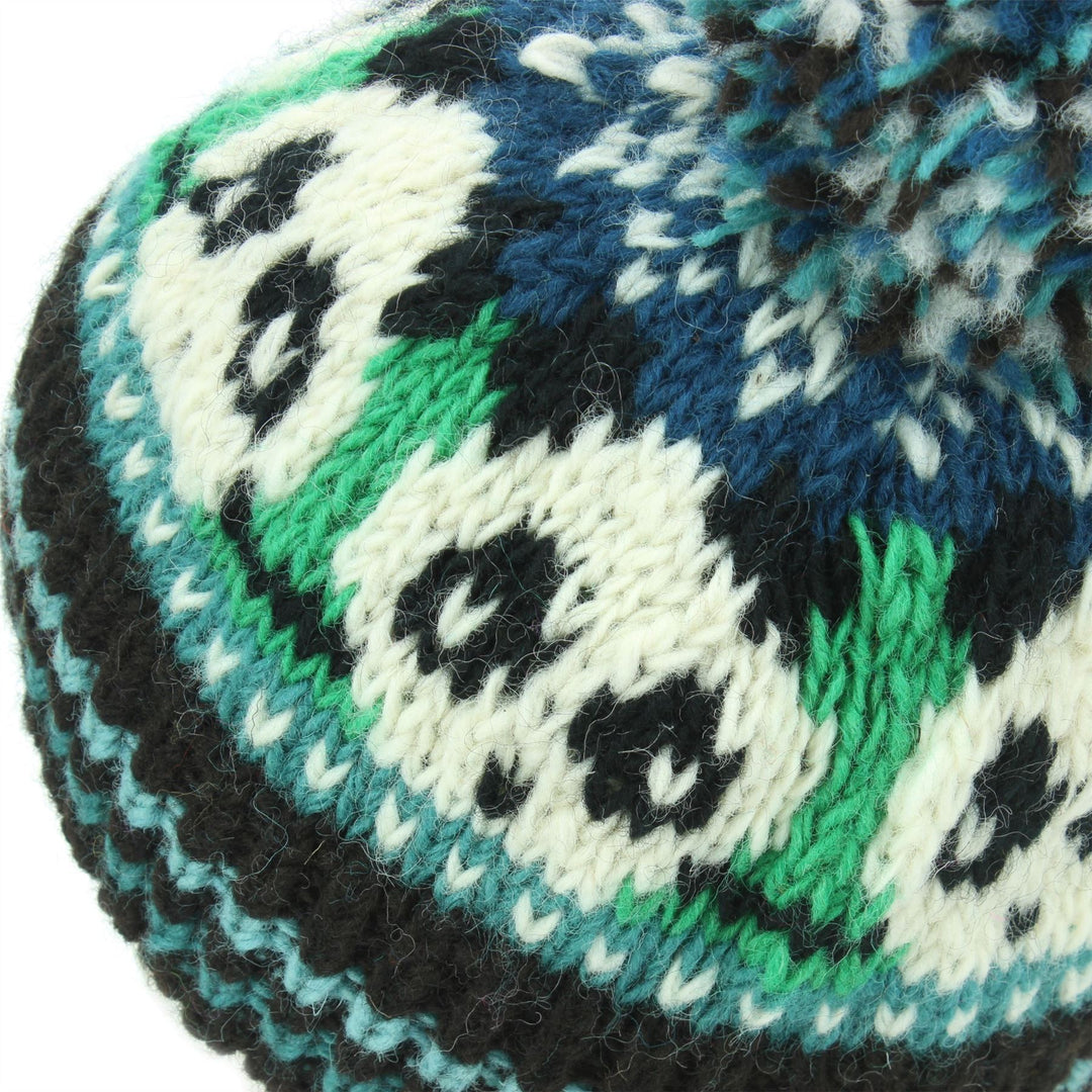 Wool Knit Bobble Beanie Hat - Panda - Green Teal