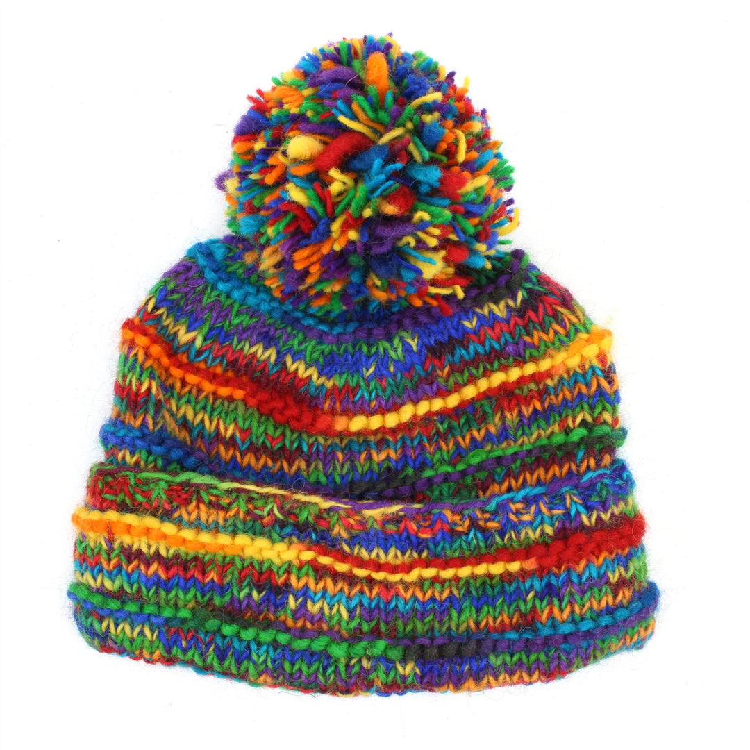 Hand Knitted Wool Beanie Bobble Hat - SD Rainbow Rib