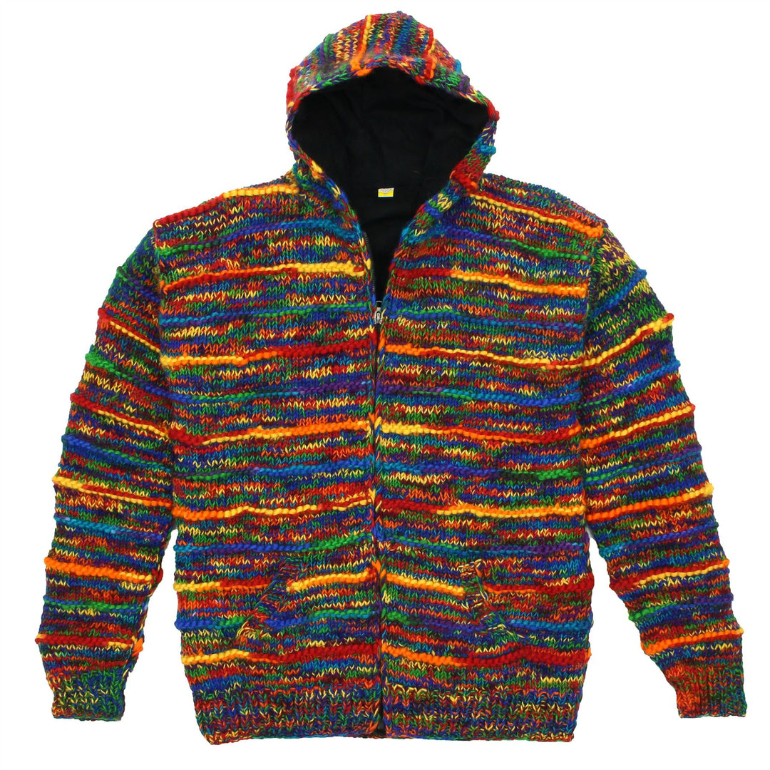 Hand Knitted Wool Hooded Jacket Cardigan - SD Rainbow Rib