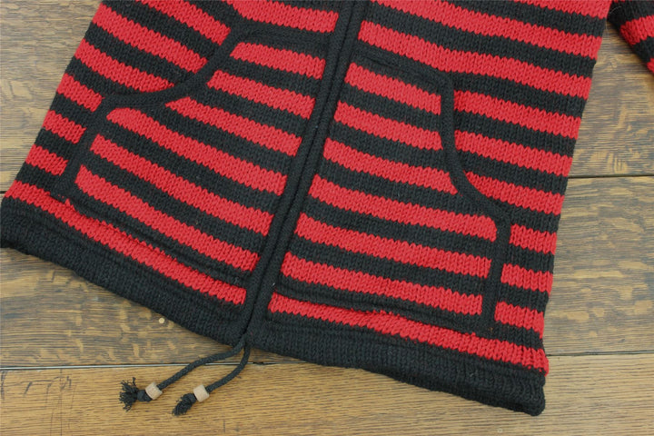 Hand Knitted Wool Hooded Jacket Cardigan - Stripe Red Black