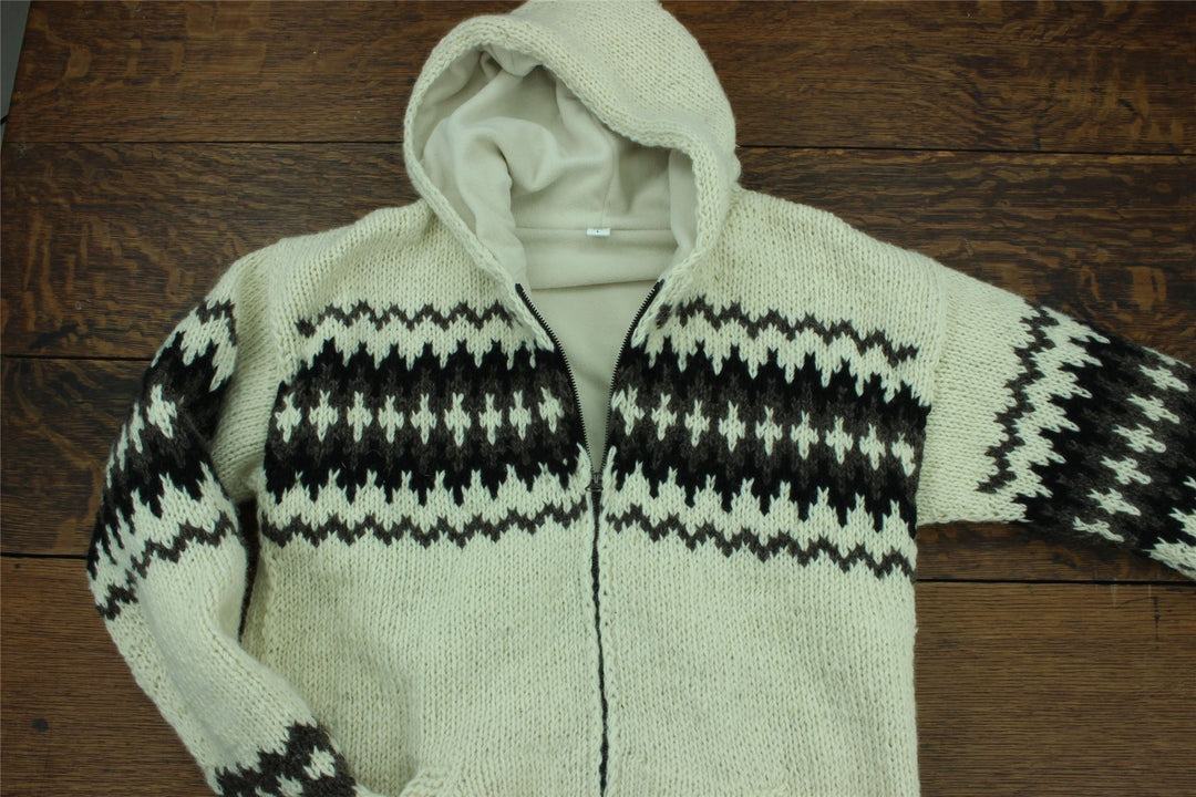 Hand Knitted Wool Hooded Jacket Cardigan - Fairisle White