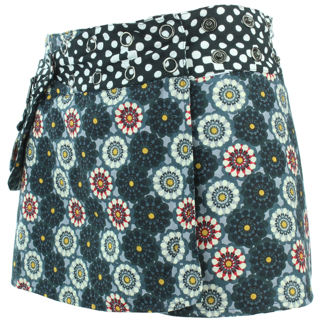 Reversible Popper Wrap Children's Size Mini Skirt - Kaleidoscope / Mono Dots