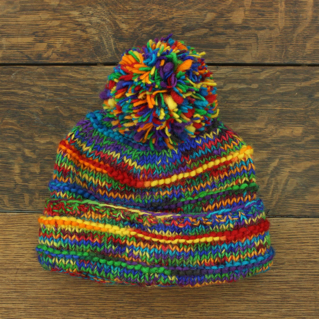 Hand Knitted Wool Beanie Bobble Hat - SD Rainbow Rib