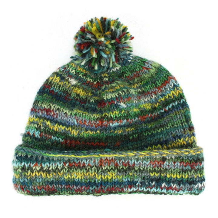 Chunky Wool Knit Beanie Bobble Hat - SD Green Mix