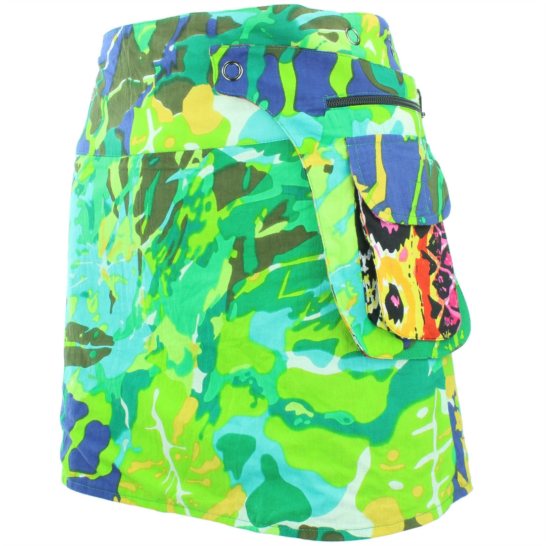 Reversible Popper Wrap Mini Skirt - Psychedelic Snakeskin / Camo Leaf