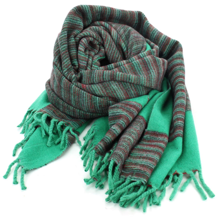 Tibetan Wool Blend Shawl Blanket - Light Green with Maroon & Grey Reverse