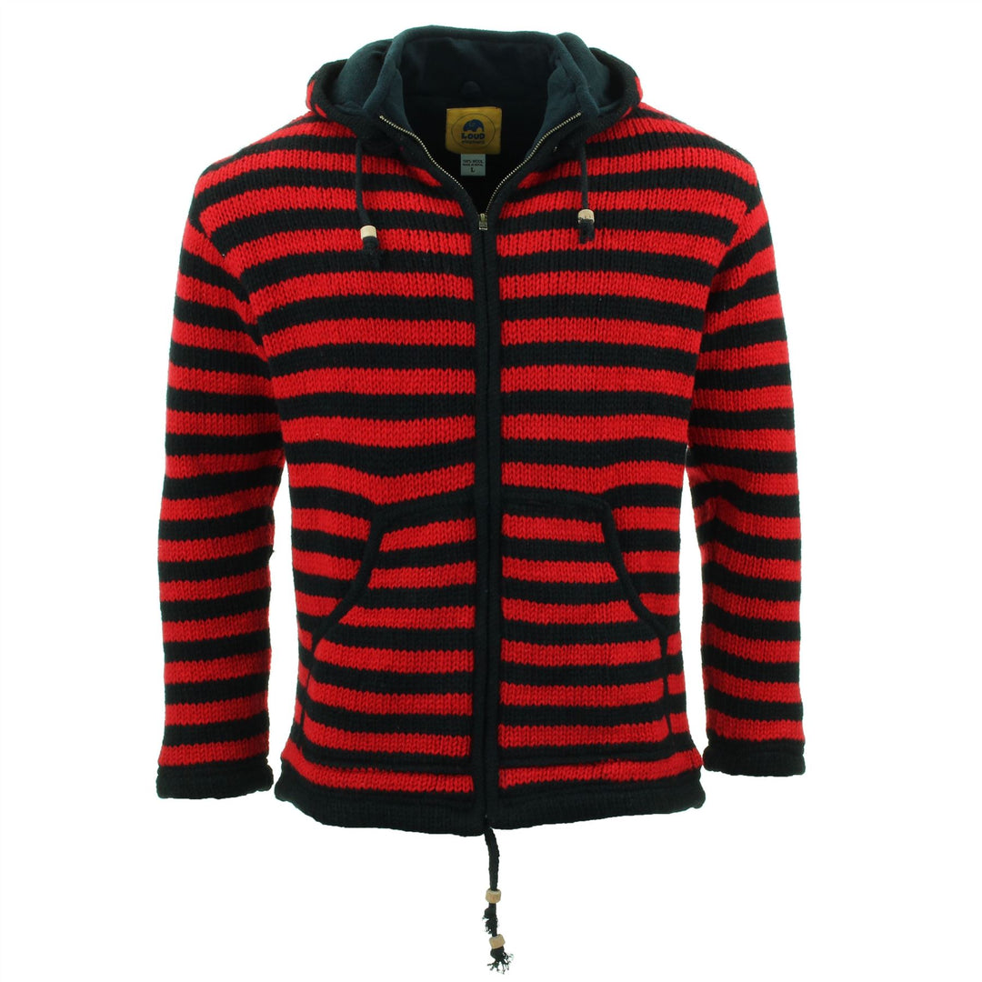 Hand Knitted Wool Hooded Jacket Cardigan - Stripe Red Black