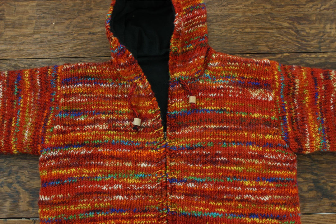 Hand Knitted Wool Hooded Jacket Cardigan - SD Red Mix