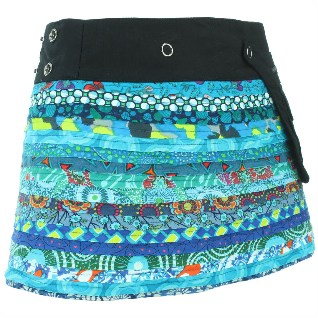 Reversible Popper Wrap Children's Size Mini Skirt - Blue Patch Strips / Diamond Block