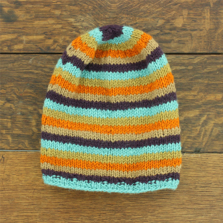 Wool Knit Baggy Slouch Beanie Hat - Stripe Retro A