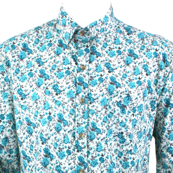 Regular Fit Long Sleeve Shirt - Small Turquoise & Green Floral on White