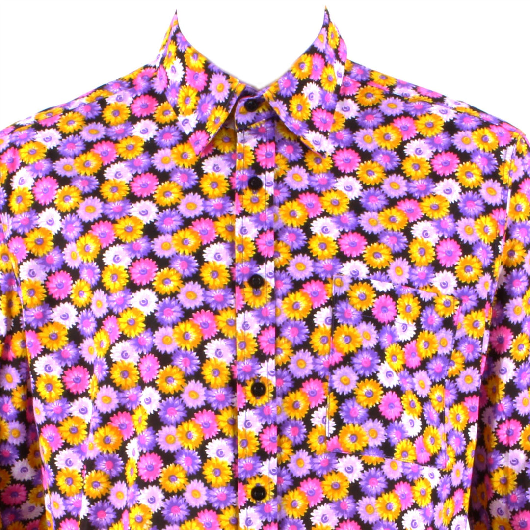 Regular Fit Long Sleeve Shirt - Pink & Yellow Floral on Black