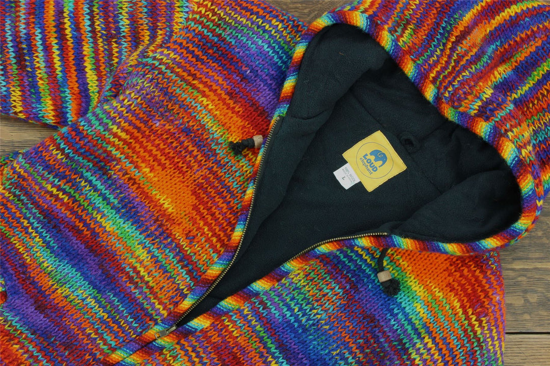 Hand Knitted Wool Hooded Jacket Cardigan - SD Rainbow with Rainbow Trim