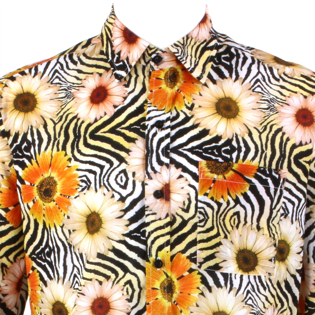 Regular Fit Long Sleeve Shirt - Orange Floral on Geometric Black & White