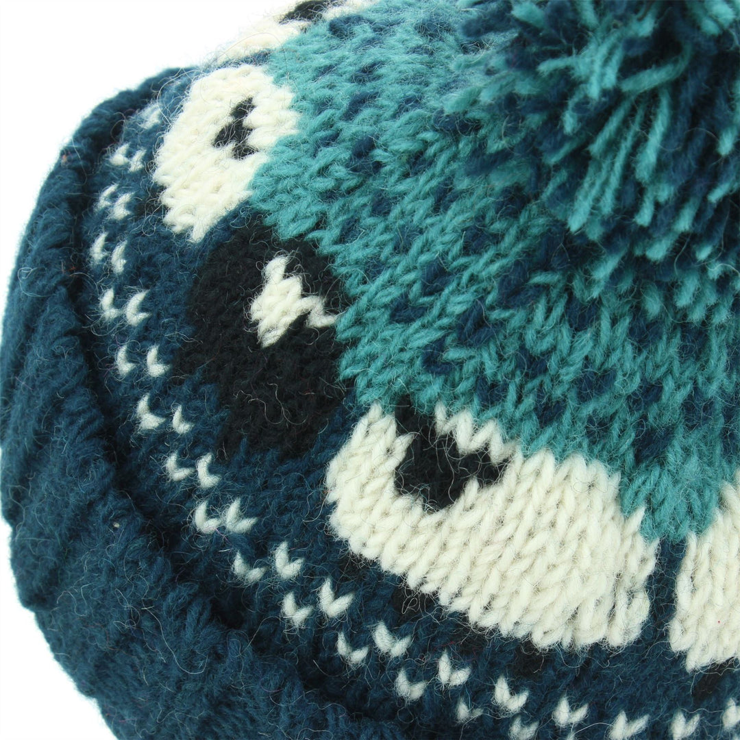 Wool Knit Bobble Beanie Hat - Sheep - Teal Green