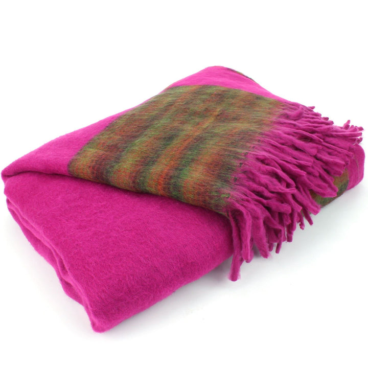 Tibetan Wool Blend Shawl Blanket - Pink with Green & Red Reverse