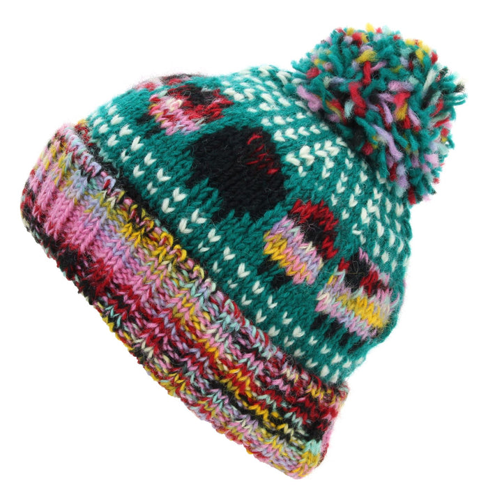 Hand Knitted Wool Beanie Bobble Hat - Sheep - Teal Pink SD